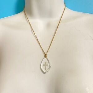 EMMONS Intaglio Crystal Clear Glass Reverse Cross  Christian Pendant 18” Chain
